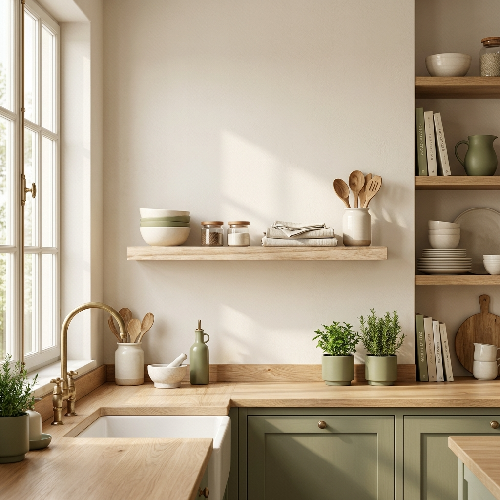 Étagère en bois dans une cuisine française harmonieuse