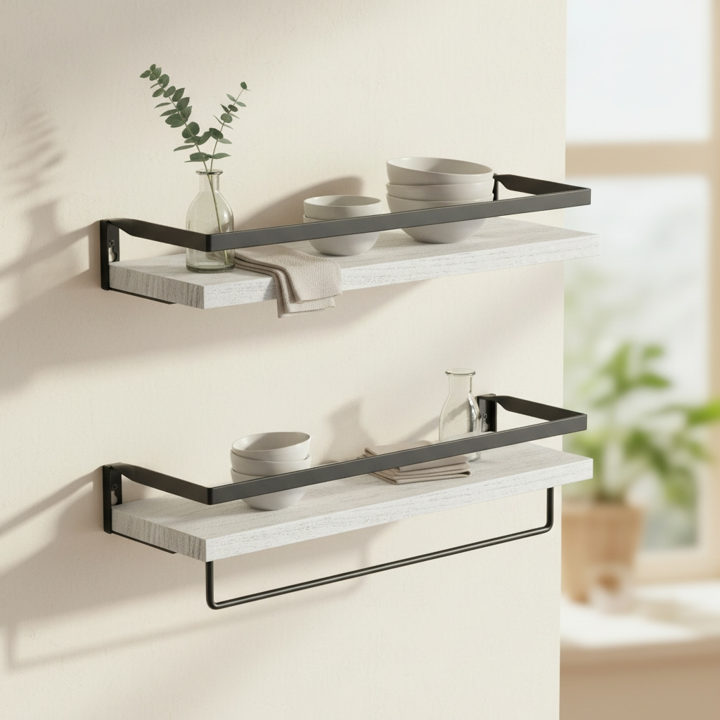 Étagère murale bois blanchi et métal noir, ambiance lumineuse style scandinave cuisine Opti Rangement