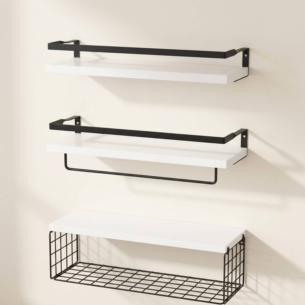 Découvrez notre set d'étagères murales bois et métal sur fond ivoire crème. Un design premium et minimaliste pour sublimer l'organisation de votre intérieur.