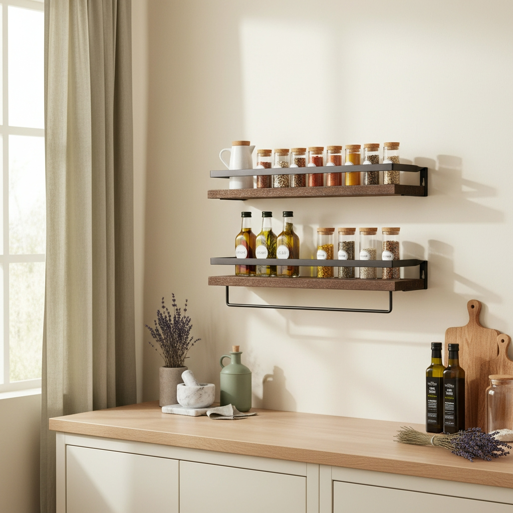 Étagère murale bois et métal intégrée crédence cuisine, rangement épices huiles premium français