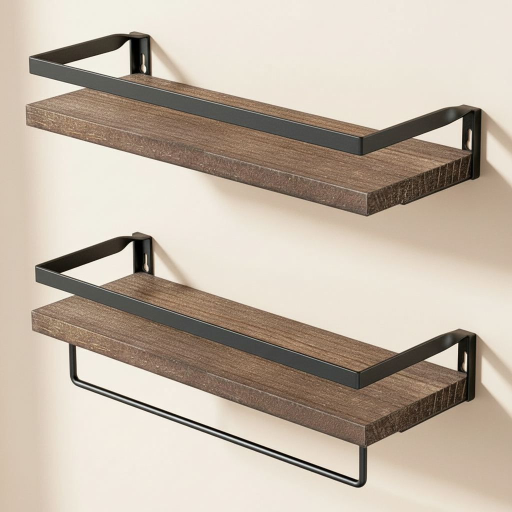 Étagère murale double bois massif et métal noir mat, packshot éditorial fond ivoire premium Opti Rangement