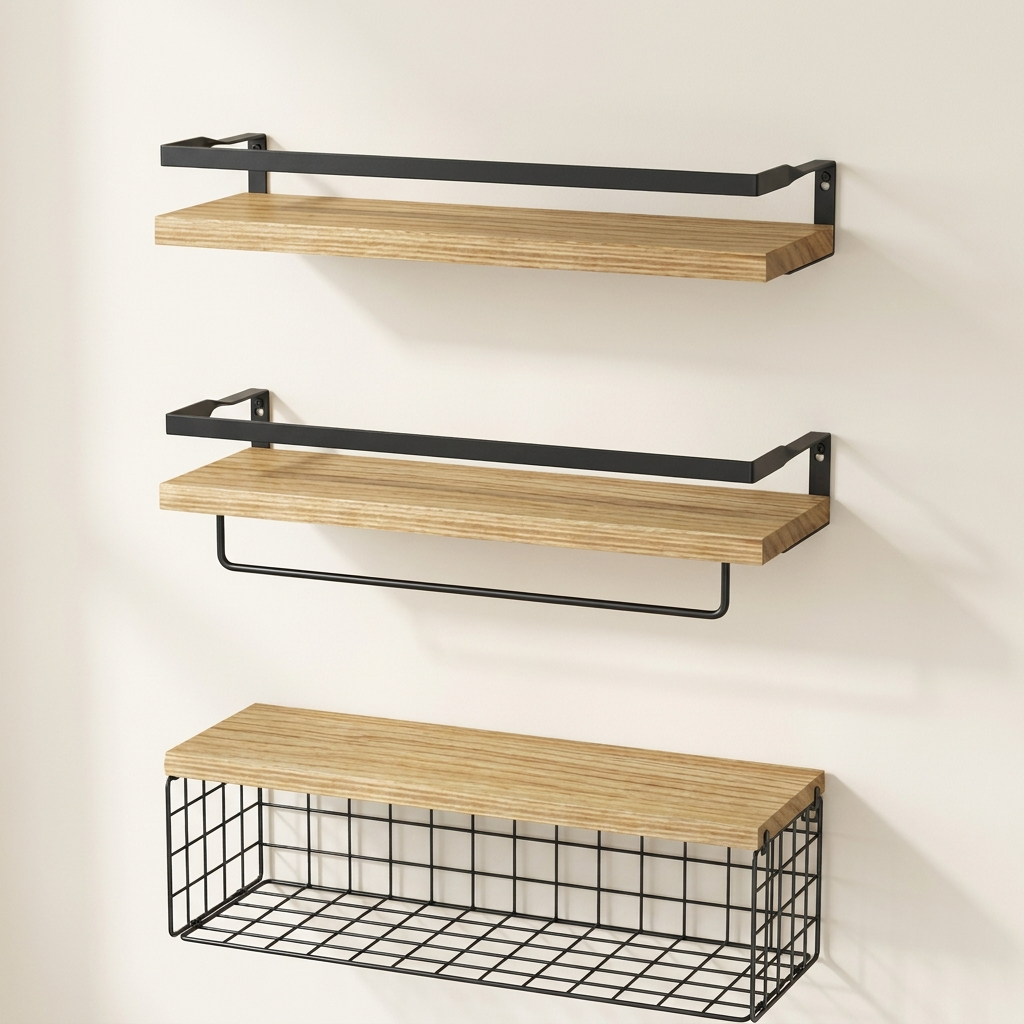 Découvrez notre set d'étagères murales bois et métal sur fond ivoire crème. Un design premium et minimaliste pour sublimer l'organisation de votre intérieur