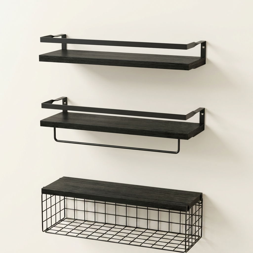 Découvrez notre set d'étagères murales bois et métal sur fond ivoire crème. Un design premium et minimaliste pour sublimer l'organisation de votre intérieur.