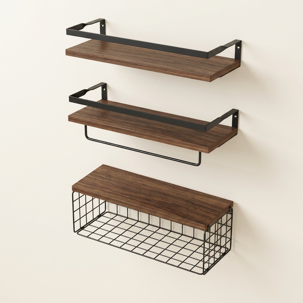 Découvrez notre set d'étagères murales bois et métal sur fond ivoire crème. Un design premium et minimaliste pour sublimer l'organisation de votre intérieur.