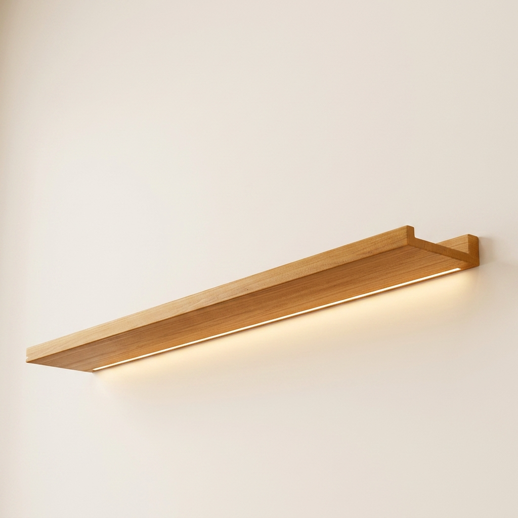 Étagère murale flottante en pin massif naturel avec bandeau LED intégré. 
Packshot éditorial sur fond ivoire crème, grain bois miel visible, 
lumière naturelle douce. Idéale fiche produit premium.
