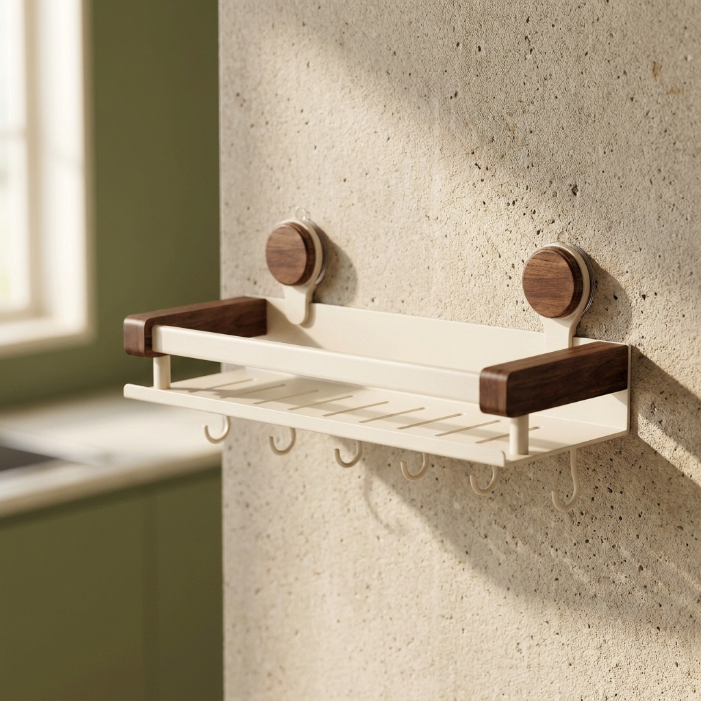 Étagère murale crème fixée sur un mur texturé