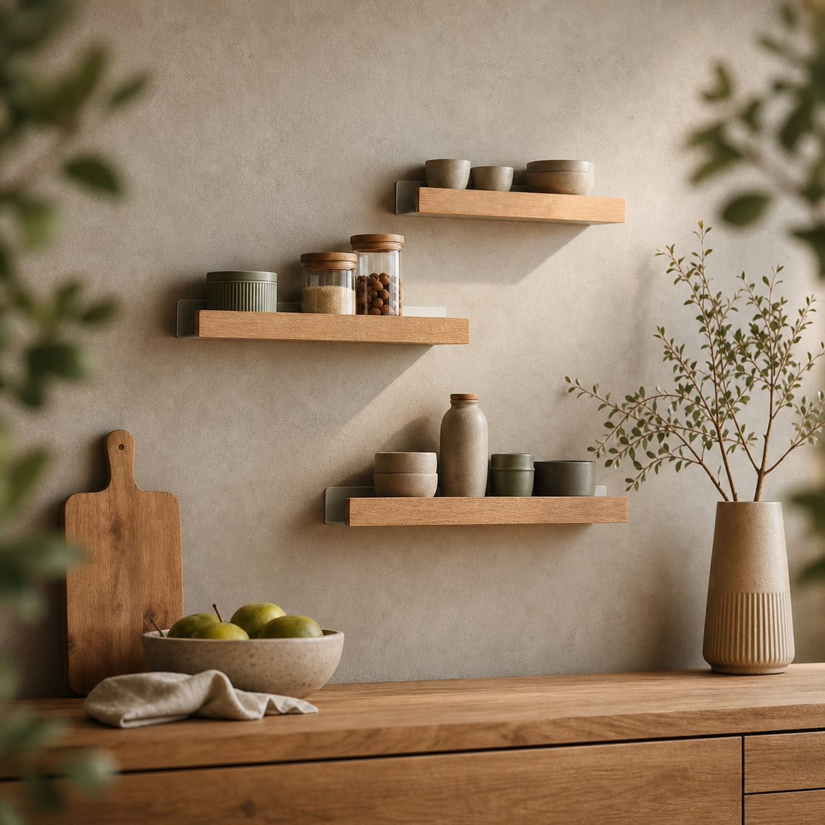 Sublimez votre intérieur avec notre étagère murale bois et métal. Une touche de décoration japandi élégante et chaleureuse pour organiser votre cuisine.