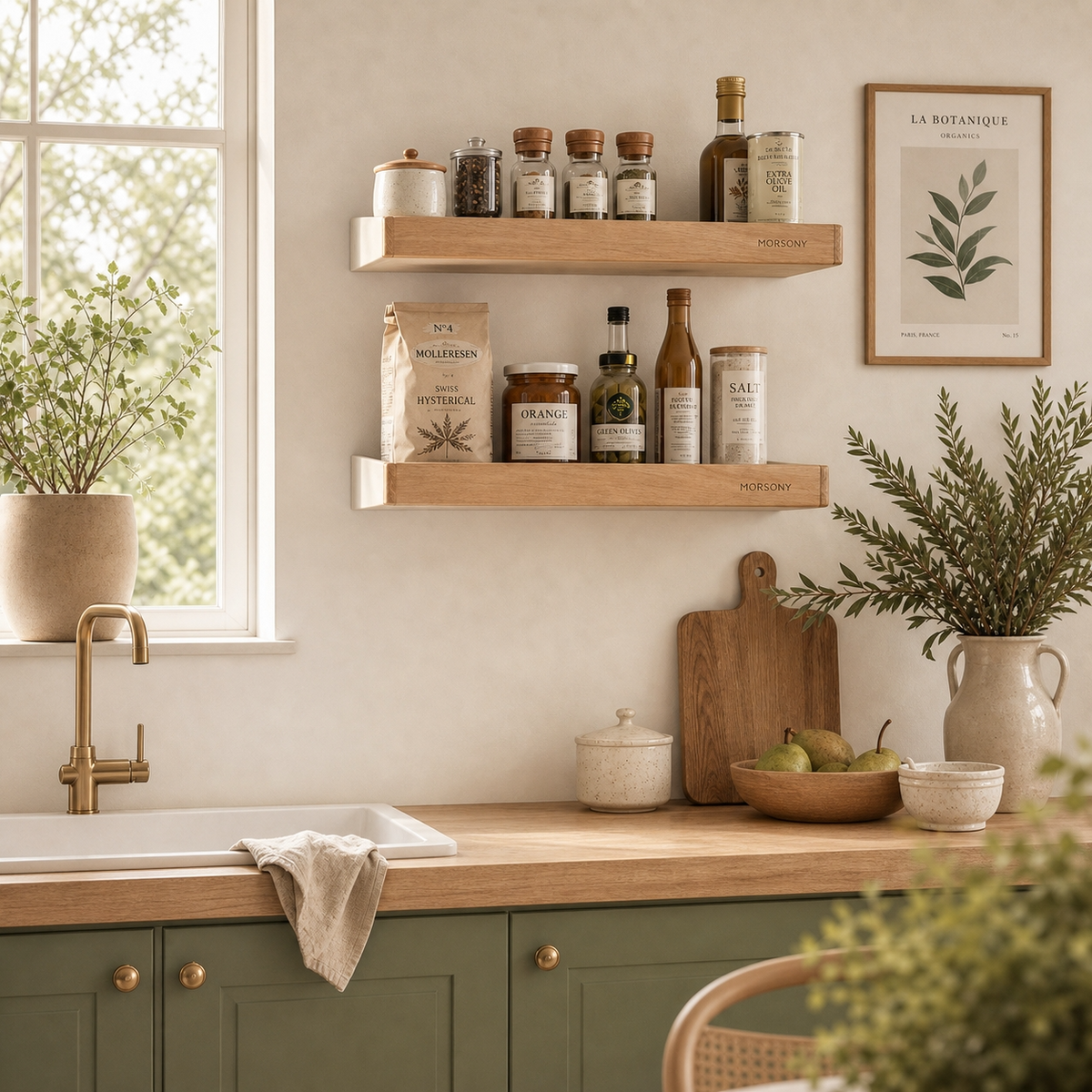 Adoptez l'art de vivre avec Opti Rangement. Nos étagères murales asymétriques transforment votre cuisine en un espace serein, organisé et baigné de lumière
