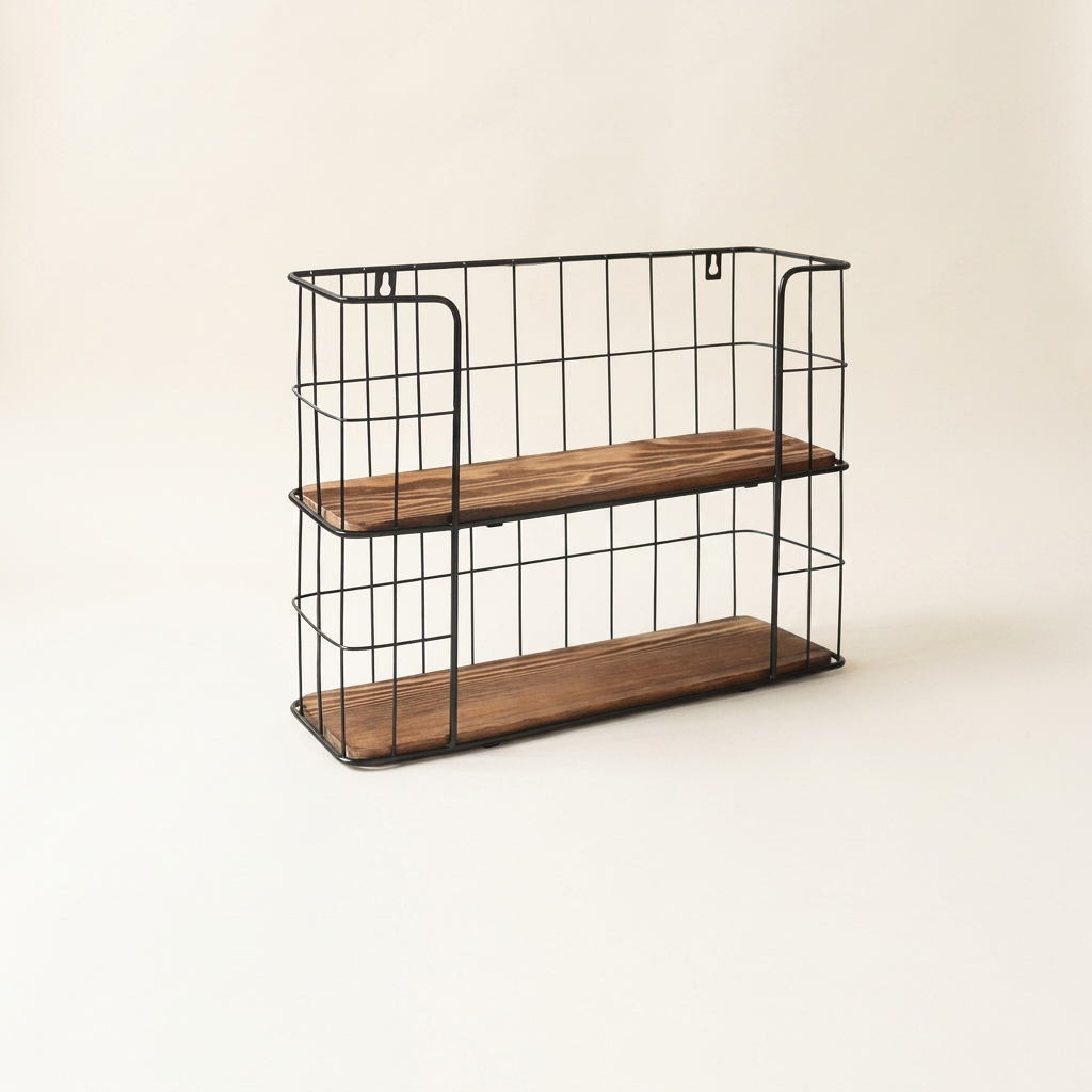 Étagère murale bois et métal sur fond ivoire.