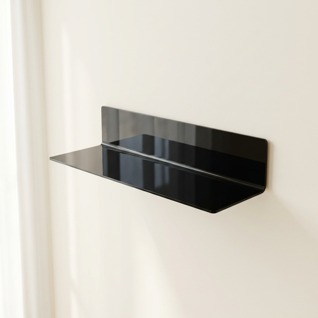 Étagère acrylique noire premium sur fond ivoire crème
