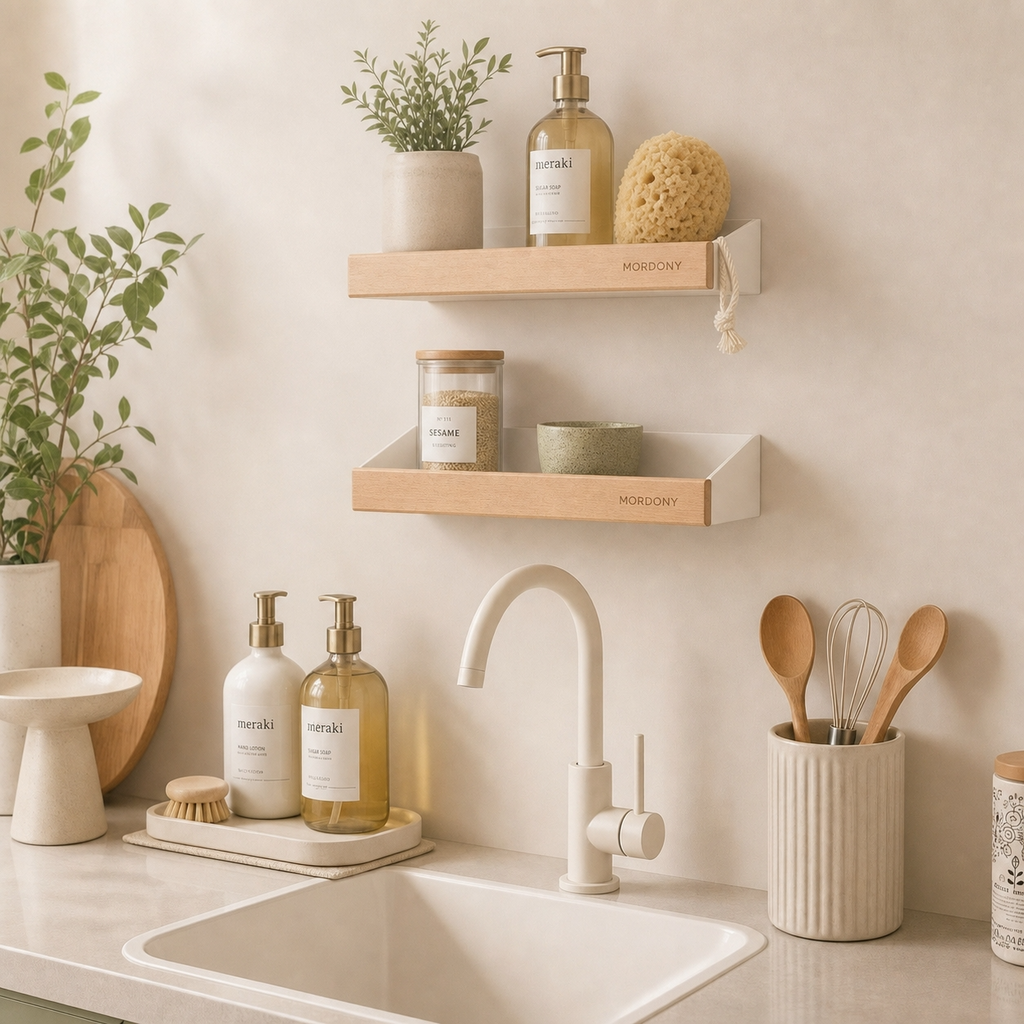 Optimisez l'espace mural de votre évier avec nos étagères en bois clair. Une solution de rangement premium, esthétique et idéale pour vos accessoires du quotidien