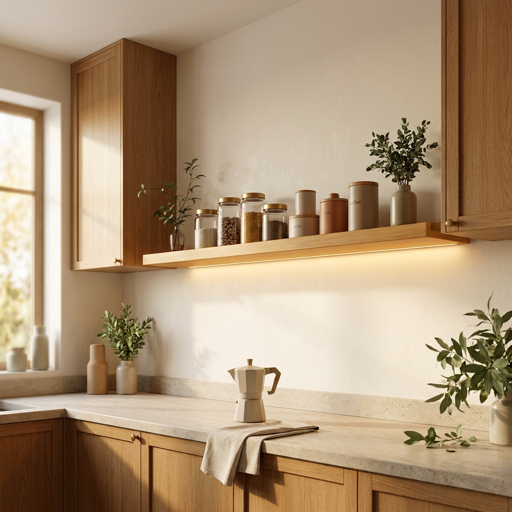 Plan large éditorial — étagère murale lumineuse 120cm en pin naturel 
comme pièce maîtresse d'une cuisine française organisée et désirable. 
Bocaux, céramiques, lumière dorée matinale. Esprit Ferm Living & Maison Sarah Lavoine.
