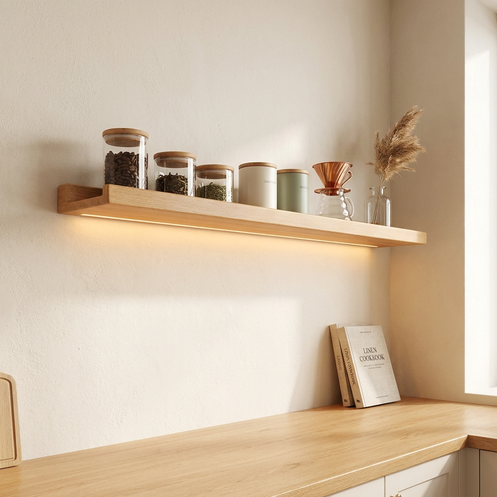 Étagère pin naturel avec éclairage LED chaud, mise en scène magazine sur mur ivoire texturé. 
Bocaux verre, contenants céramique café et thé, touche botanique. 
Ambiance cuisine française premium.