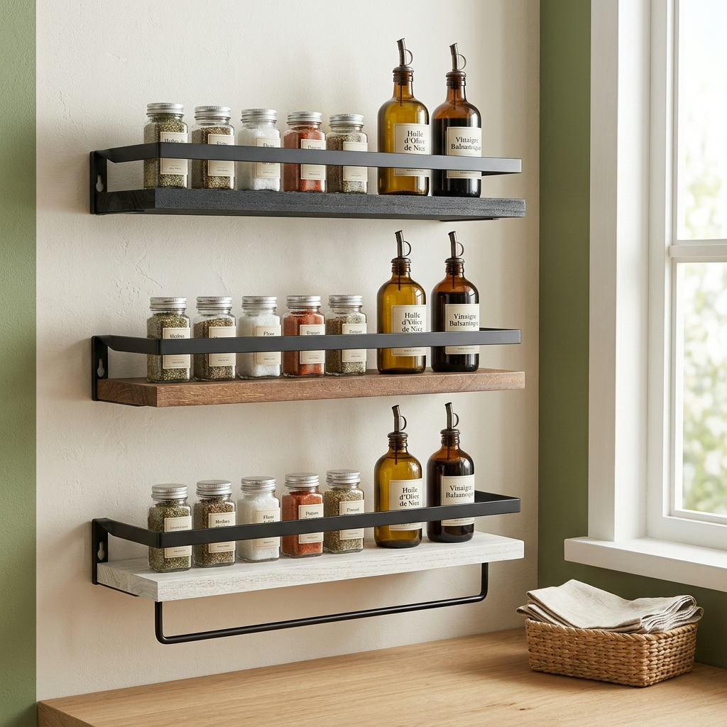 Triptyque packshot étagère murale 3 finitions bois blanc naturel noir, sélecteur coloris