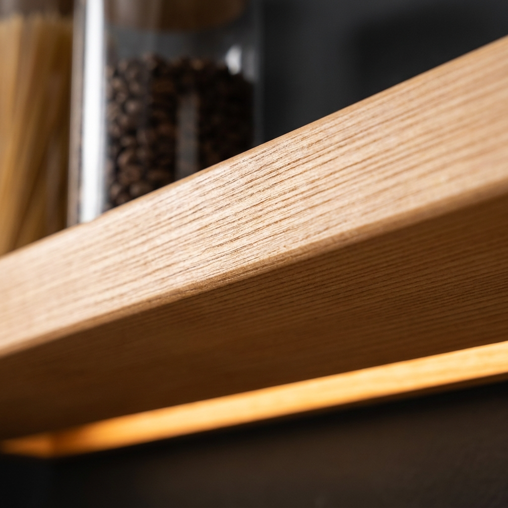 Macro éditorial sur le grain de pin massif naturel et le bandeau LED ambré intégré. 
Lumière rasante révélant la profondeur matière, bokeh charcoal profond. 
Preuve visuelle de qualité artisanale premium.