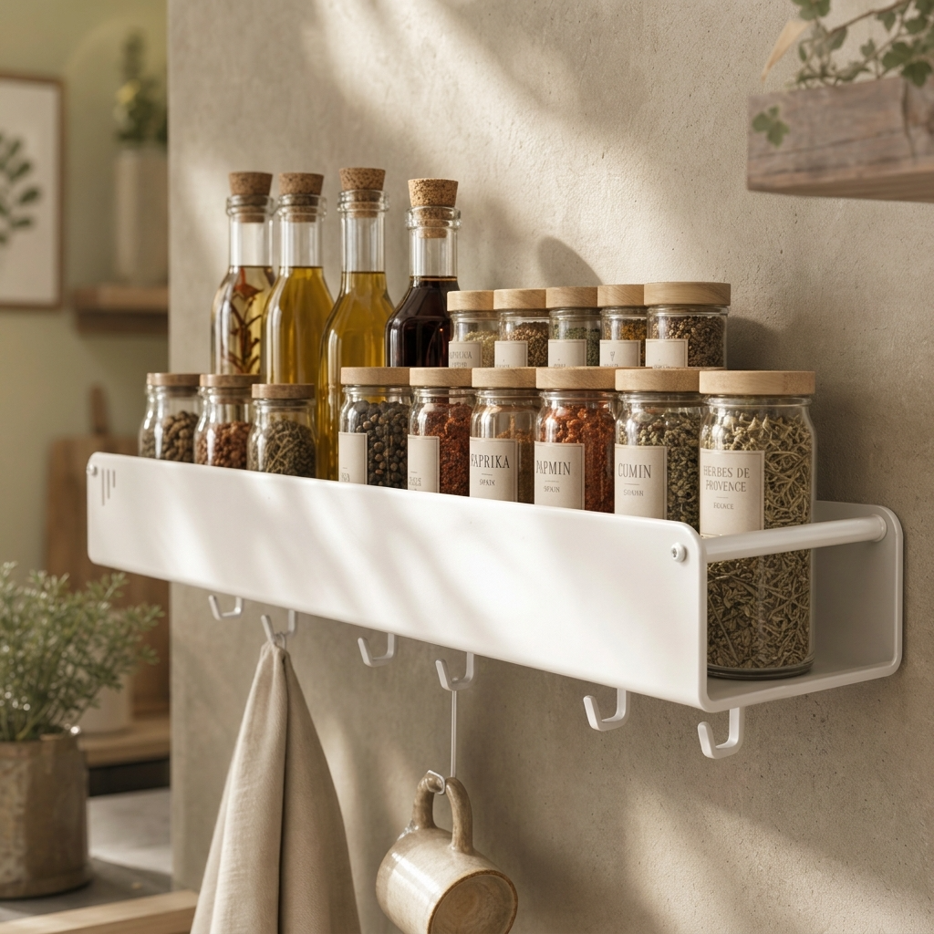 Étagère murale cuisine métal blanc mat avec crochets