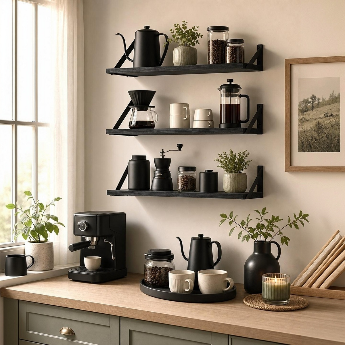 Optimisez votre espace café avec trois étagères murales noires pour ranger mugs capsules bocaux et accessoires dans une ambiance premium.