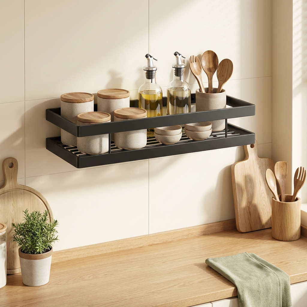 Étagère de rangement noire installée sur crédence