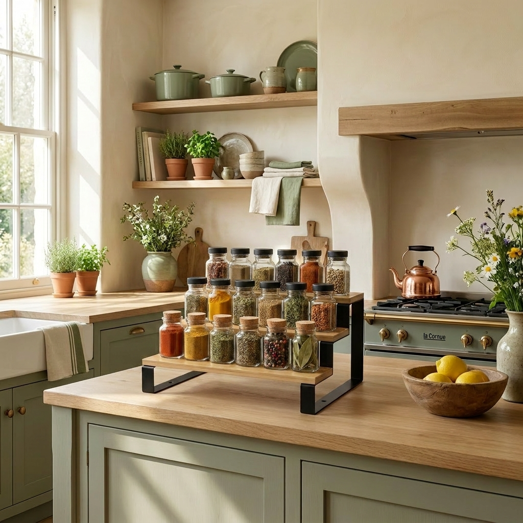 Cuisine chic organisée avec présentoir à épices