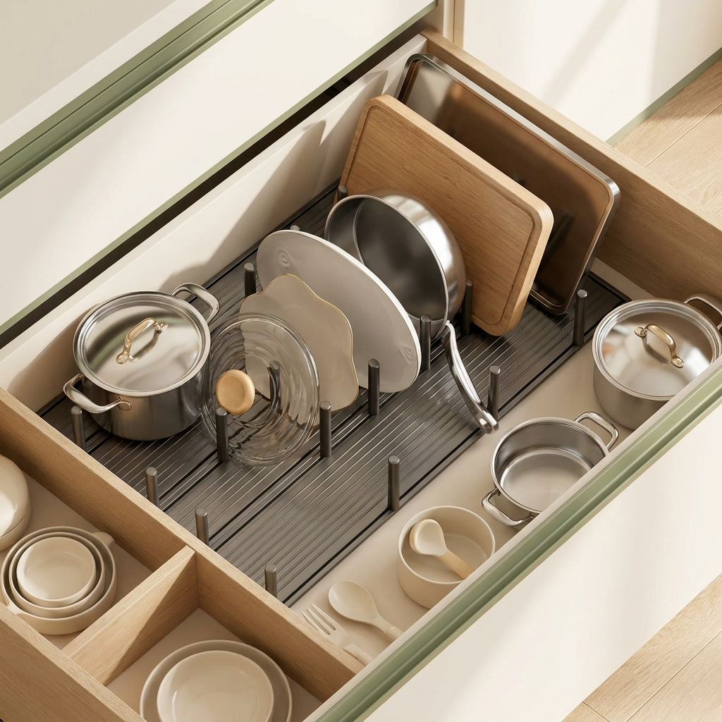 Organisation harmonieuse des casseroles et couvercles