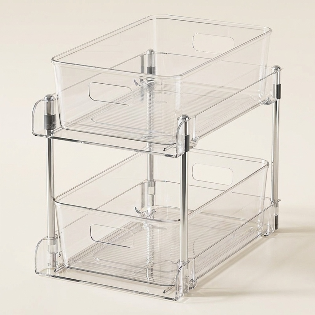 Organiseur transparent 2 niveaux, montants chromés, fond ivoire