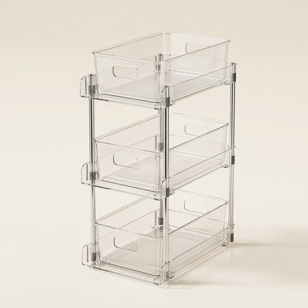 Organiseur transparent 3 niveaux sur fond ivoire crème