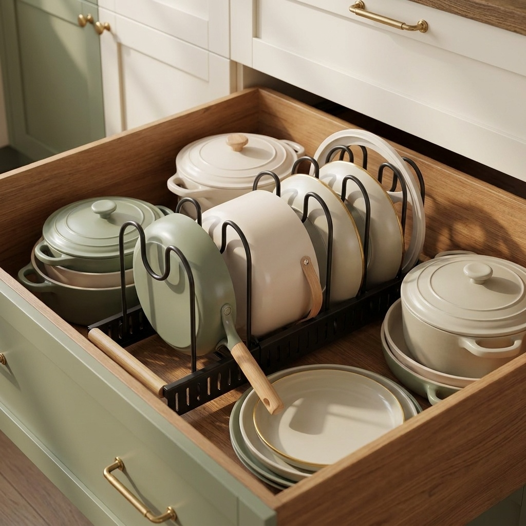 Range-casseroles noir intégré dans un grand tiroir