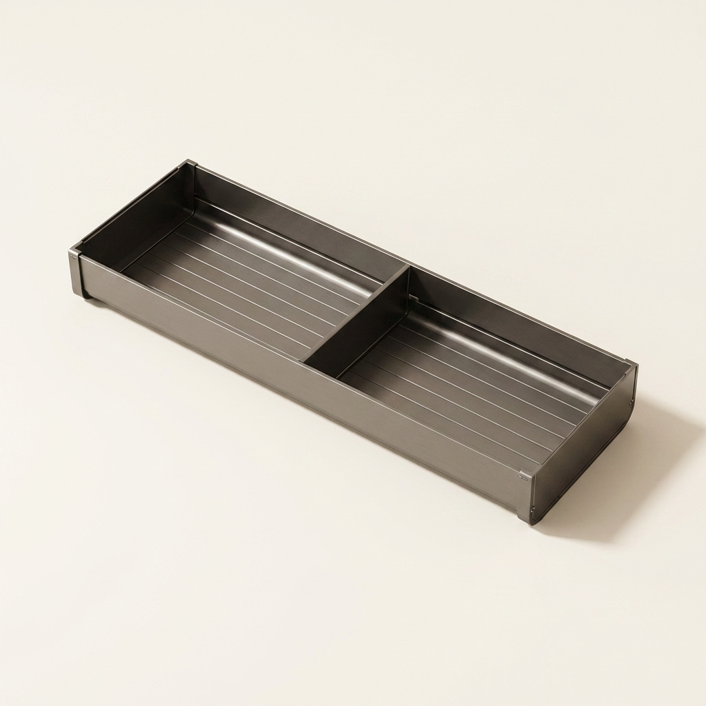 Organiseur tiroir couverts gunmetal, packshot élégant fond ivoire