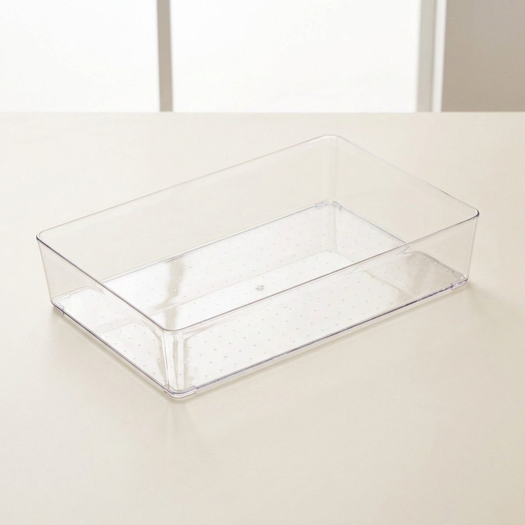 Grand bac rectangulaire transparent sur fond crème