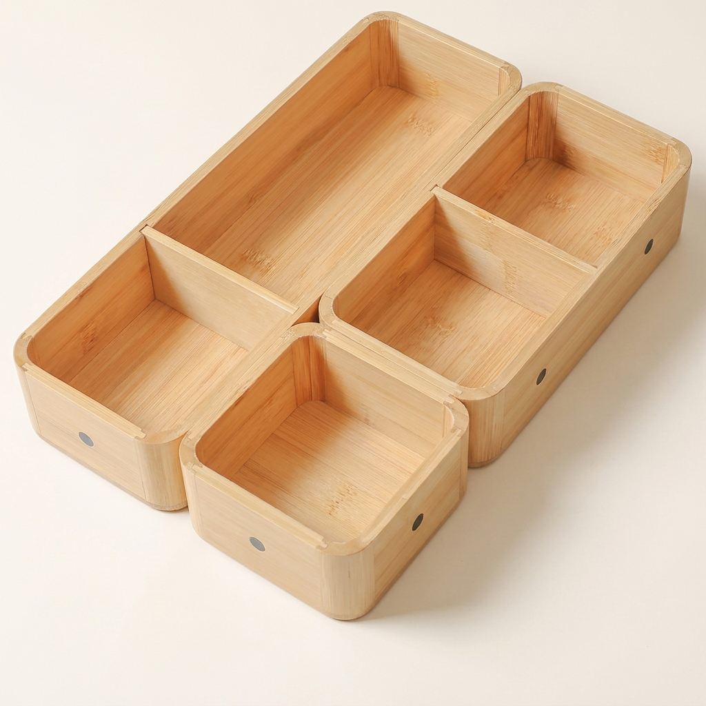 Organiseur modulaire en bambou sur fond ivoire