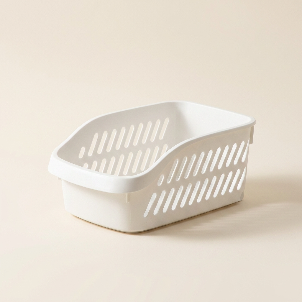 Panier de rangement blanc épuré, fond ivoire élégant.