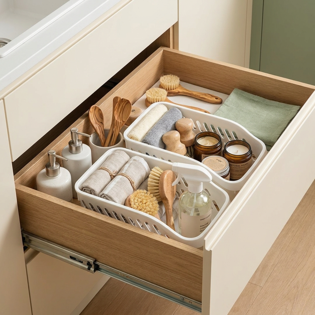 Rangement optimisé dans tiroir cuisine sous évier