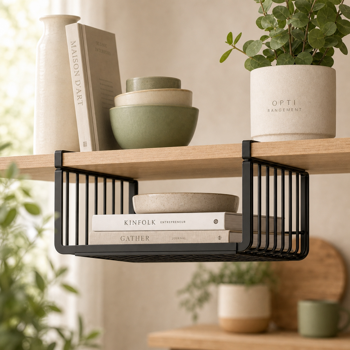 Le panier suspendu Opti Rangement sublimé sur une étagère en bois laqué. Une esthétique chaleureuse inspirée des plus beaux magazines de décoration français