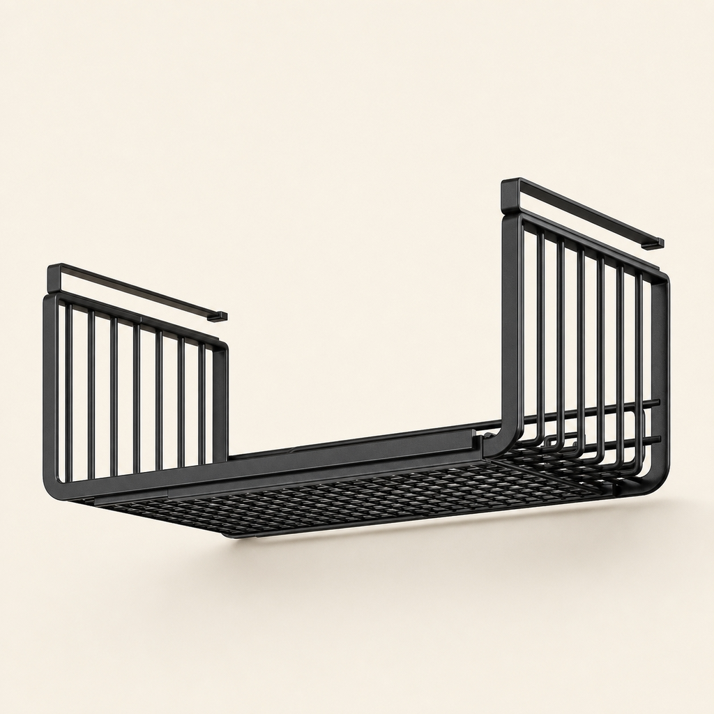 Découvrez notre panier de rangement suspendu en métal noir sur fond ivoire. Un design minimaliste et épuré pour une organisation de cuisine premium