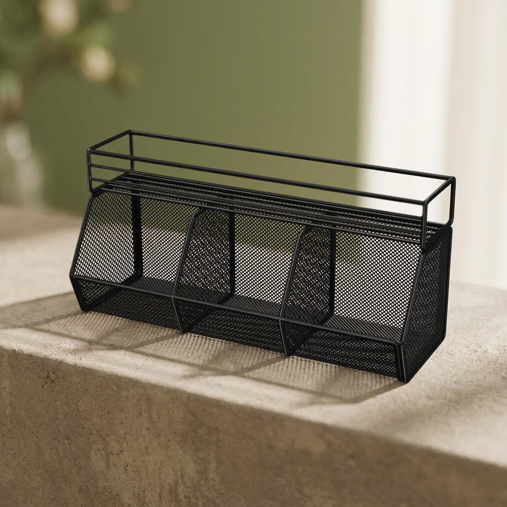 Étagère noire sur béton chaud au style magazine.