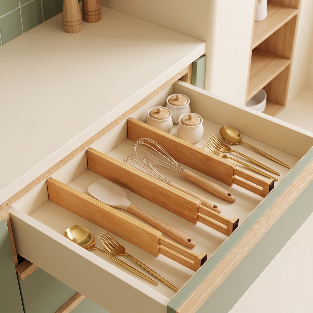 Rangement élégant pour couverts dorés en bois naturel
