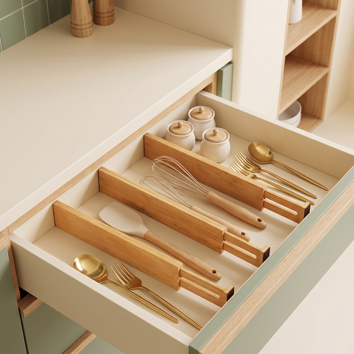Rangement élégant pour couverts dorés en bois naturel