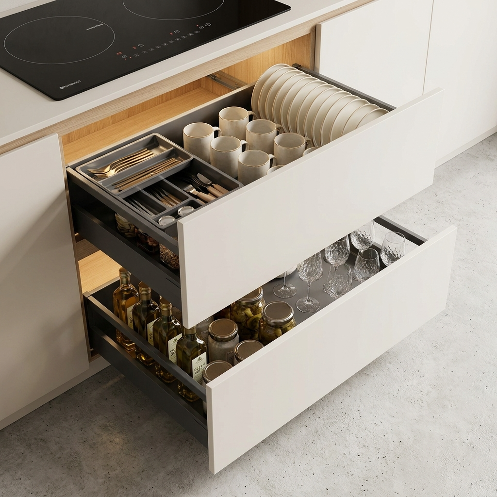 Rangement vaisselle optimisé pour cuisine bois clair