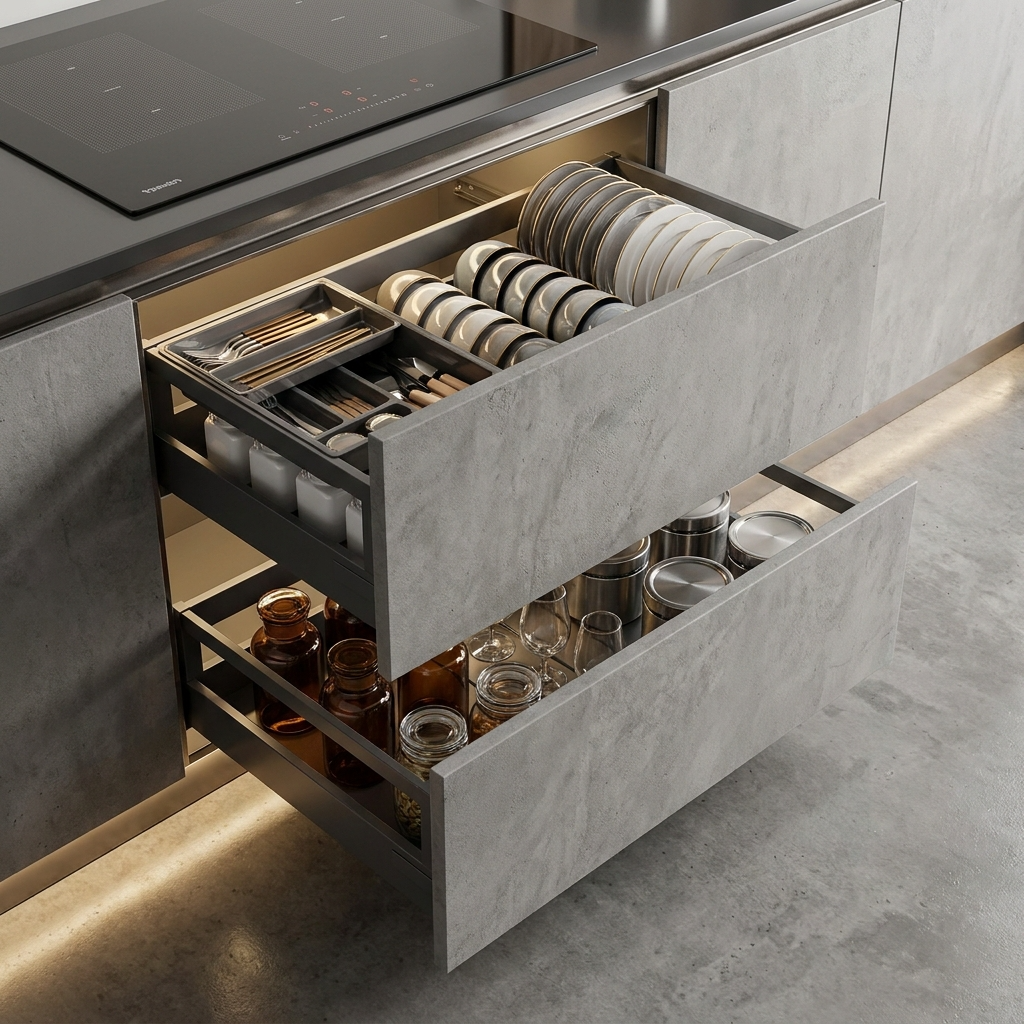 Rangement double niveau pour cuisine effet béton