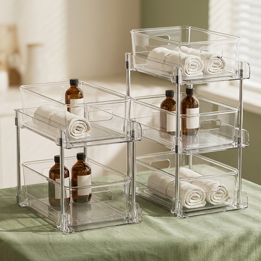 Duo organiseurs transparents posés sur lin vert sauge